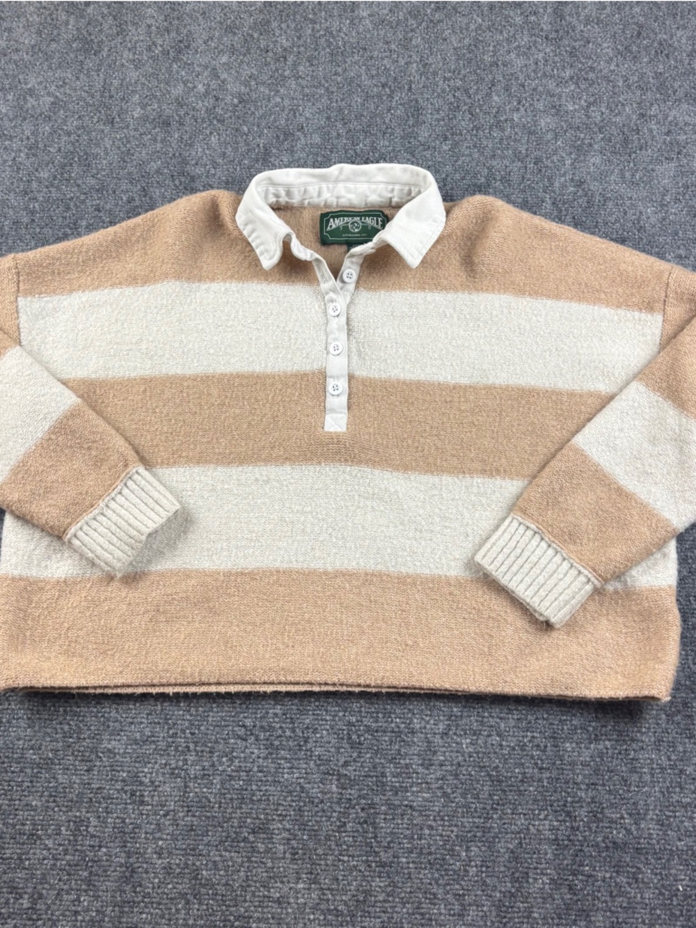 AMERICAN EAGLE Women’s Cream/Tan SUPER soft Crop Sweater 1/4 Button Collar Small